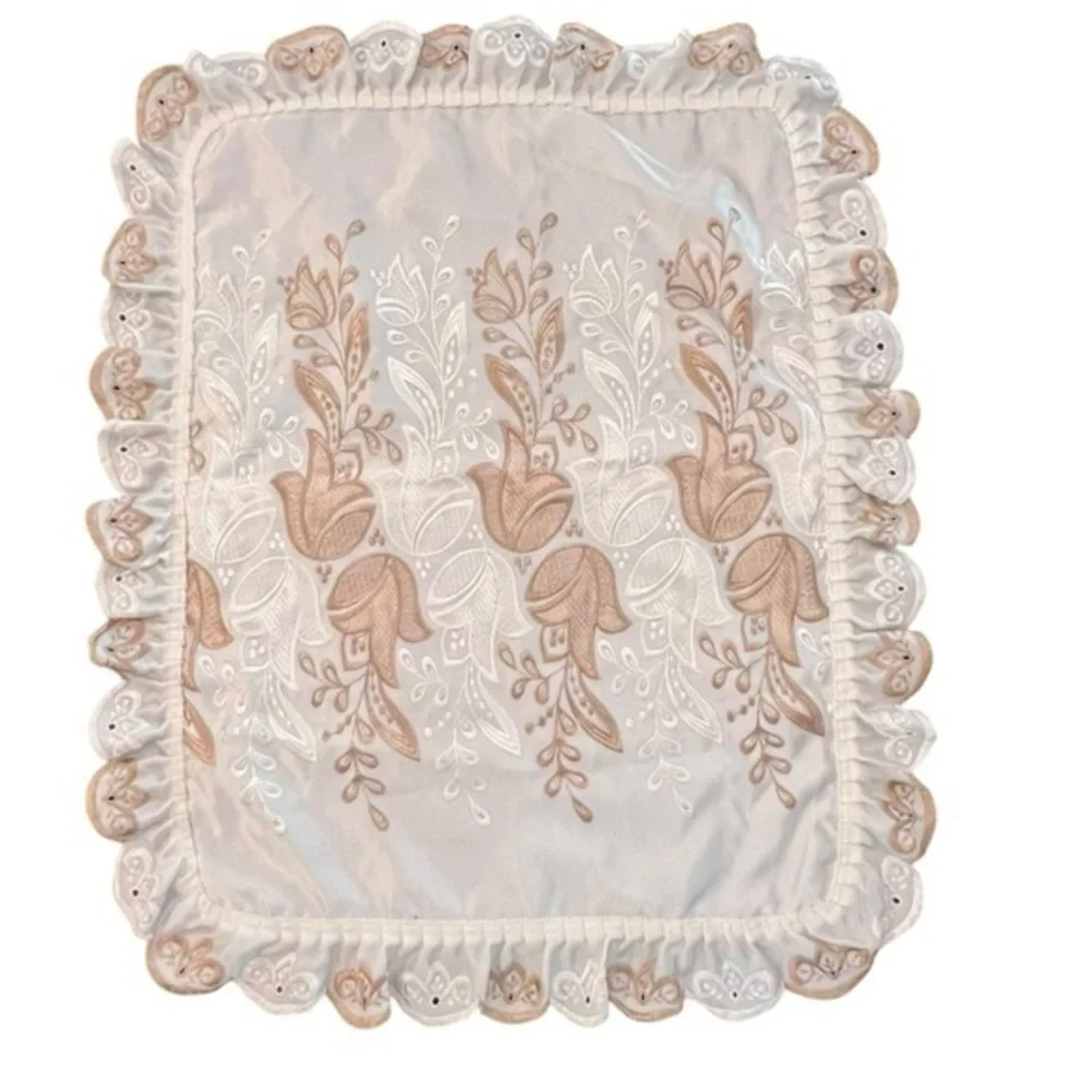 Embroidered Floral‎ Satin/Silky Brown  White Pillow Sham Ruffles 20x26 Standard